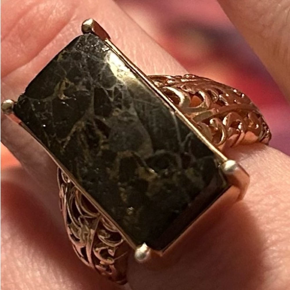 Matrix Silver Shungite Solitaire Ring in 14K Rose Gold over copper 7.85 ctw Sz7